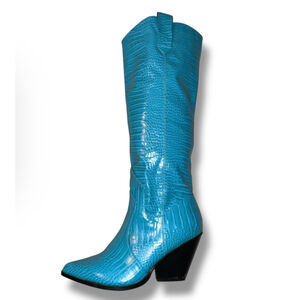Nasty Gal Cowboy Boots Knee High Faux Croc Blue Black Heel Size 5